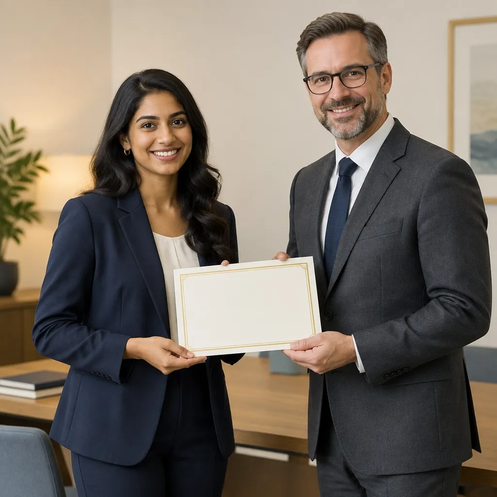 Two people holding a certificate after a learning achievement